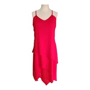 Newport News Red Asymmetrical Hem Dress | Size 10 | Spaghetti Strap Midi